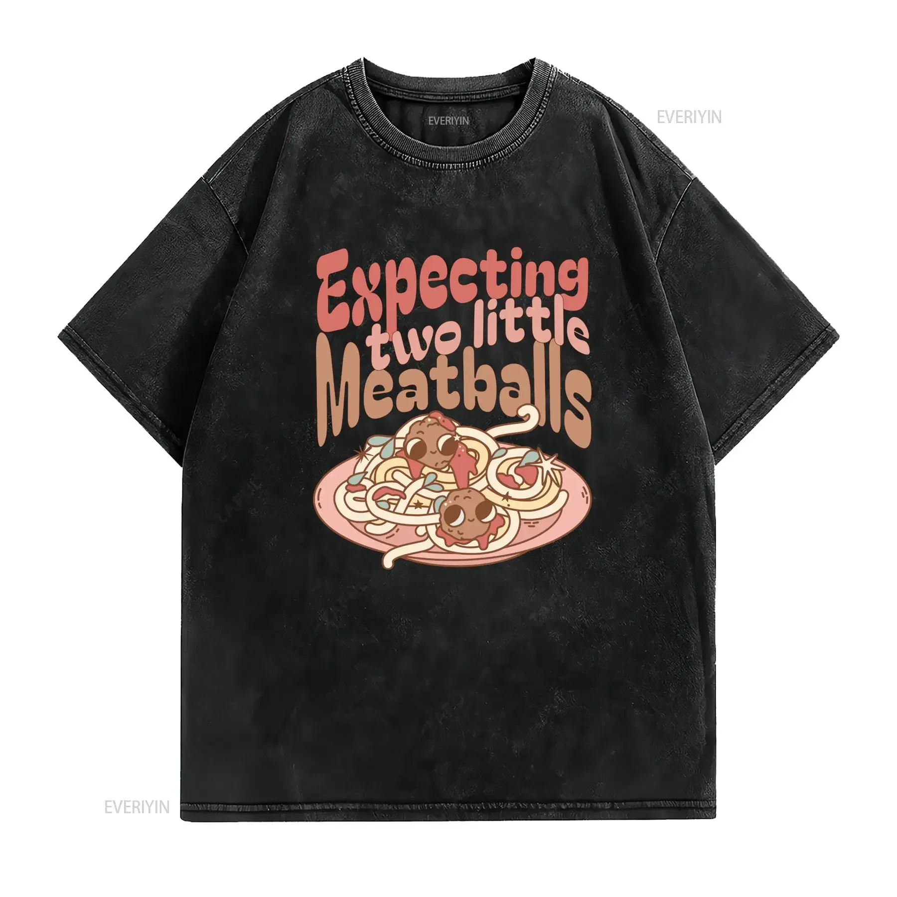 Funny Cartoon Expecting Two Little Meatballs Pregnancy Announcement Print Casual T Shirt vintage Washed Comfortable streetwear