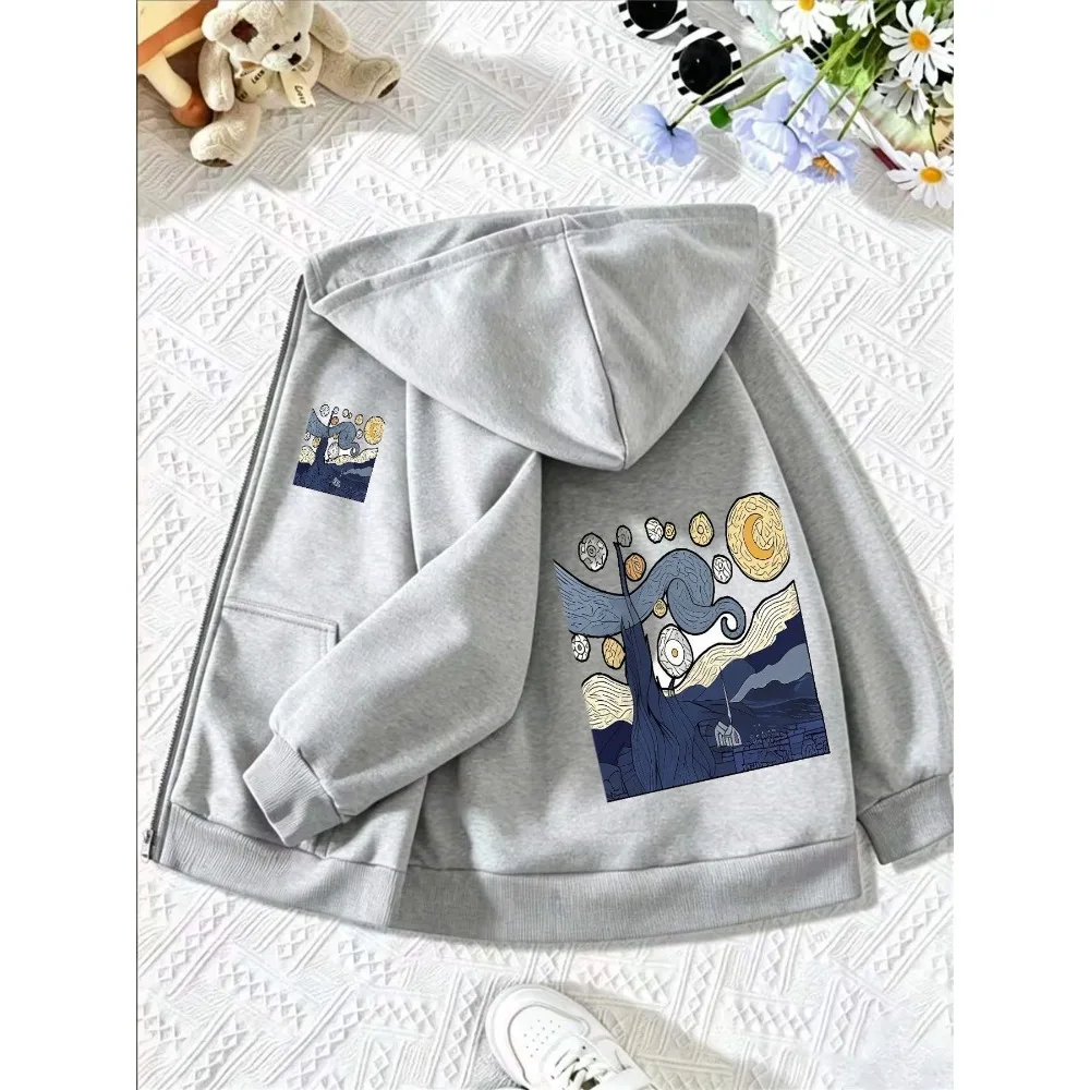Kids Van Gogh Starry Night Art Print Zip Up Hoodie Famous Painting Blue Swirl Sky Graphic Casual Kids Jacket