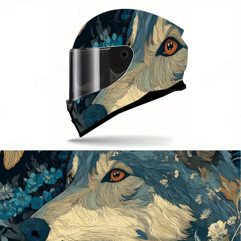 

Rugged Wolf and Blue Flowers Motorcycle Helmet Decal, Waterproof Self-adhesive Helmet Vinyl Wraps Sticker, Cool DIY Graffiti Fil