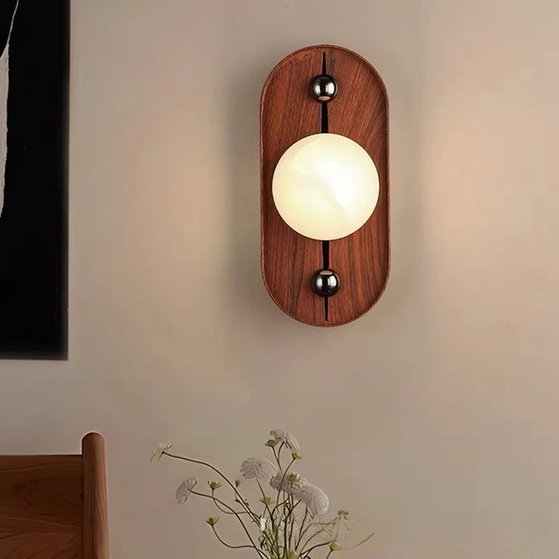 

Japanese Designer Wooden Base LED Wall Lamp Rotundity Natural Marble Light Living Room Bedroom Restaurant Corridor Retro Sconces