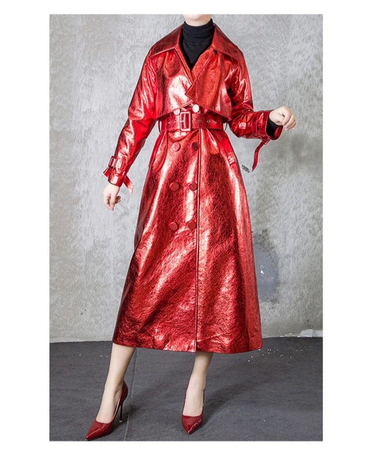 

Spring Autumn Long Shiny Reflective Patent Pu Leather Trench Coat for Women Belt Double Breasted Runway European Fashio