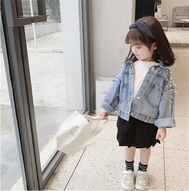 2023 Pearls Beading Denim Jacket for Girls Fashion Coats Children Clothing Autumn Baby Girls Clothes Outerwear Jean Jackets Coat