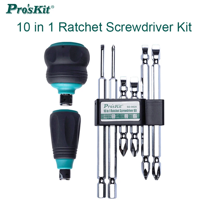 

Pro'sKit SD-9820 10-in-1 Replaceable Ratcheting Screwdriver Set Anti-Slip Handle with Magnetic Attention Screws Home Repair Tool