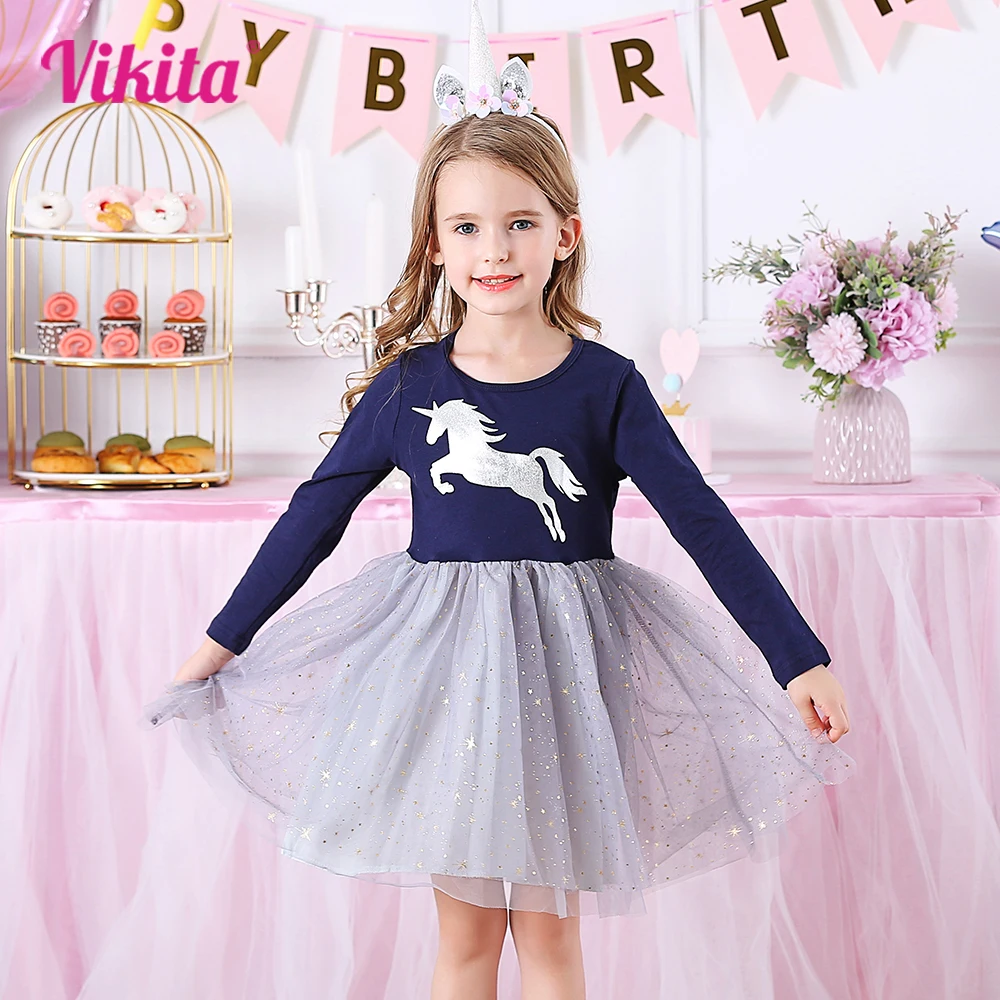 VIKITA Girls Unicorn Print Dress Kids Casual Daily Princess Dresses Kids Long Sleeve Autumn Spring Patchwork Mesh Tulle Dresses