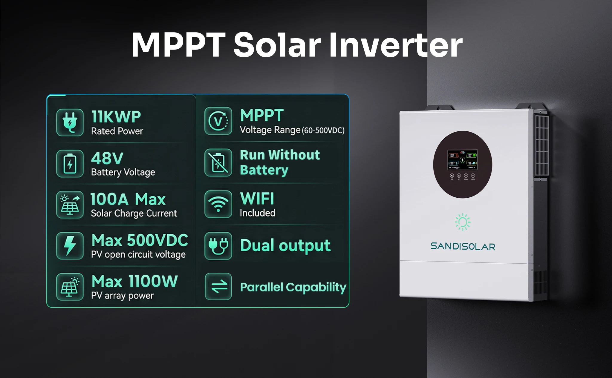 SANDISOLAR 11KW 48V Hybrid-Solarwechselrichter 6 Einheiten Parallel 160A MPPT 500VDC Dual-Ausgang Reine Sinuswelle Off-Grid WiFi-Controller – Detail 6