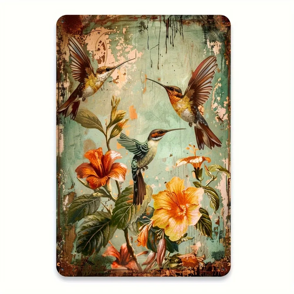 Vintage Bird and Floral Metal Wall Art – Rustic Botanical Tin Sign for Home, Cafe, Porch or Garden Decor, 8x12 Inch Plaque