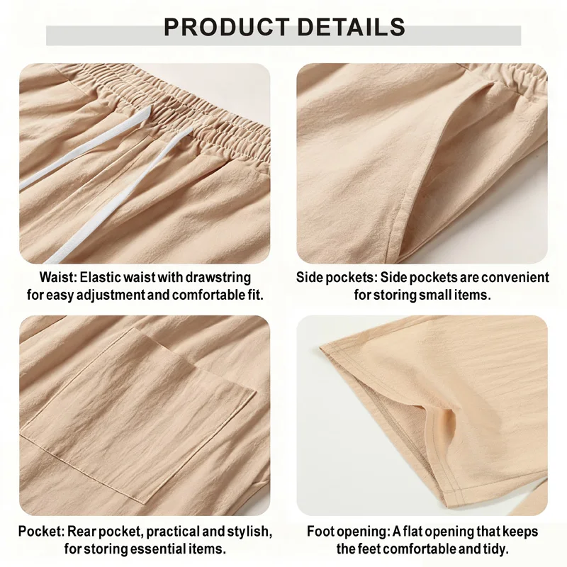 Men's Linen Blend Pants Elastic Waist Drawstring Casual Trousers with Pockets Breathable Straight Leg for Summer Beach DailyWear - Image 4
