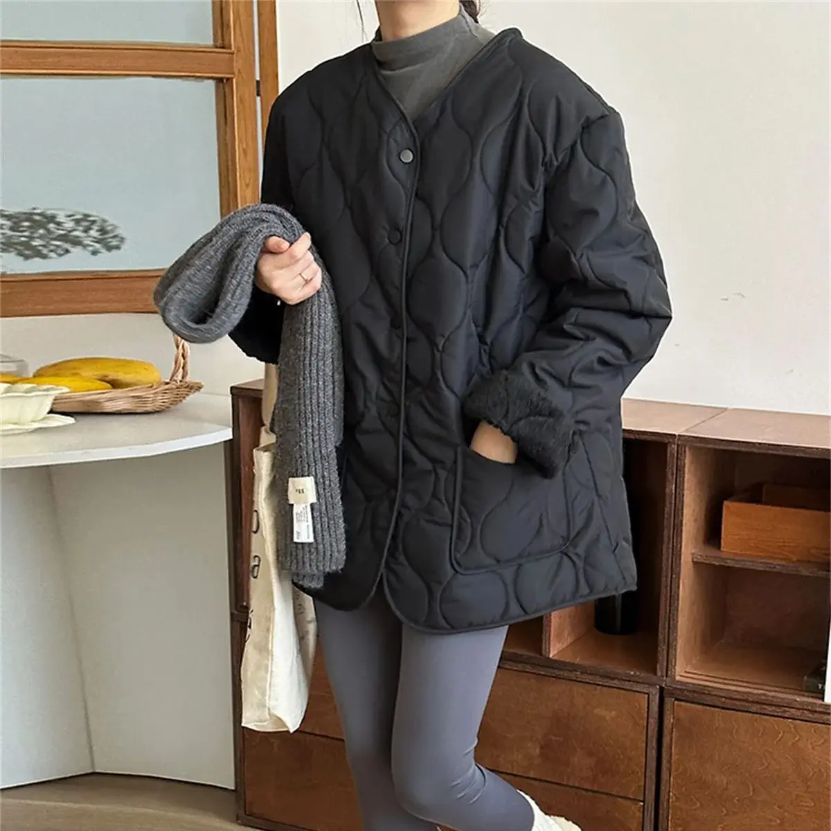 Autumn Winter Women Quilted Jacket Single Breasted Solid V Neck Coat Long Sleeve Loose Fashion Clothes Lady Outfit Warm Clothing