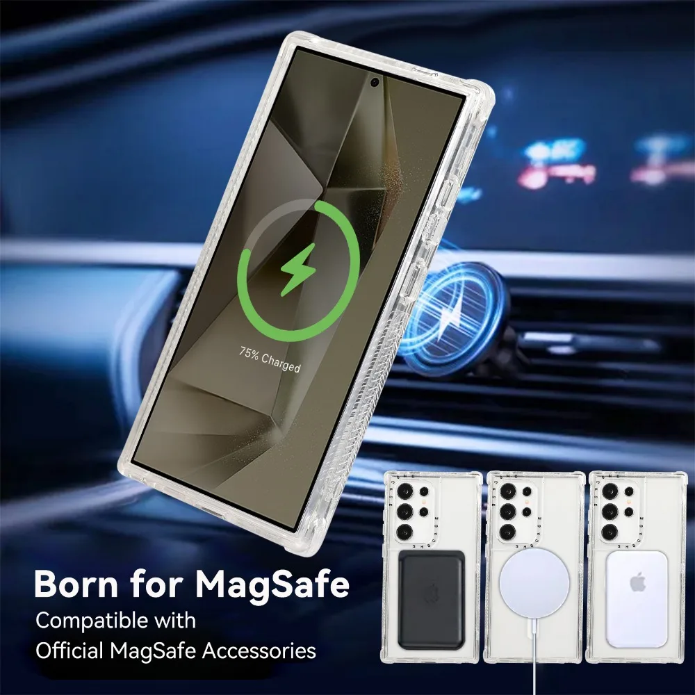 3 in 1 Magnetic Case for Samsung Galaxy S25 S24 Ultra Plus Cover Crystal Anti-knock Air-cushion Shell Magsafe Anti-slip Fundas