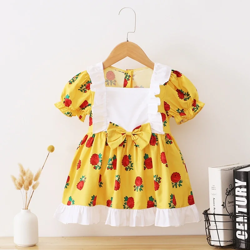 Kids Girl 1-6Years Princess Dress Short Sleeve Rose Flowers Printed  Dresses Cute Casual Summer Skirts for School Wear