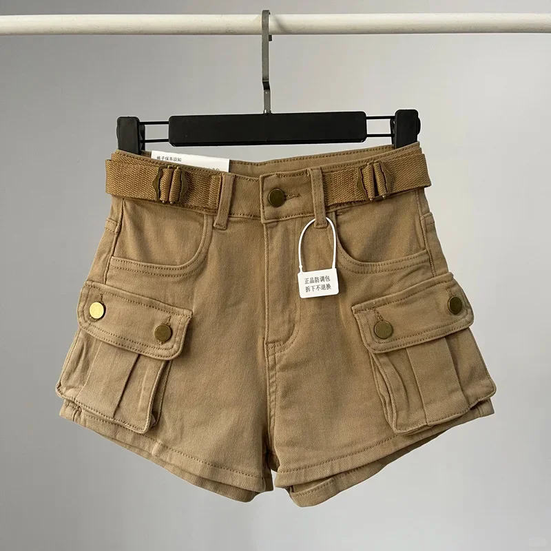 Khaki Denim Shorts High Waisted Slim Fit Multiple Pockets Elastic Wide Leg A-line Straight Leg Hot Pants 2025 Summer New Style