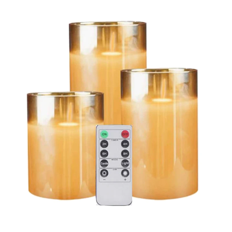 3 Pack Amber Glass LED Flameless Candles Flickering with Remote,Battery Operated,For Wedding,Festival Decorations,Gift