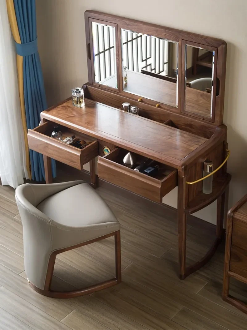 Black walnut solid wood dressing table dressing stool dressing mirror new log furniture