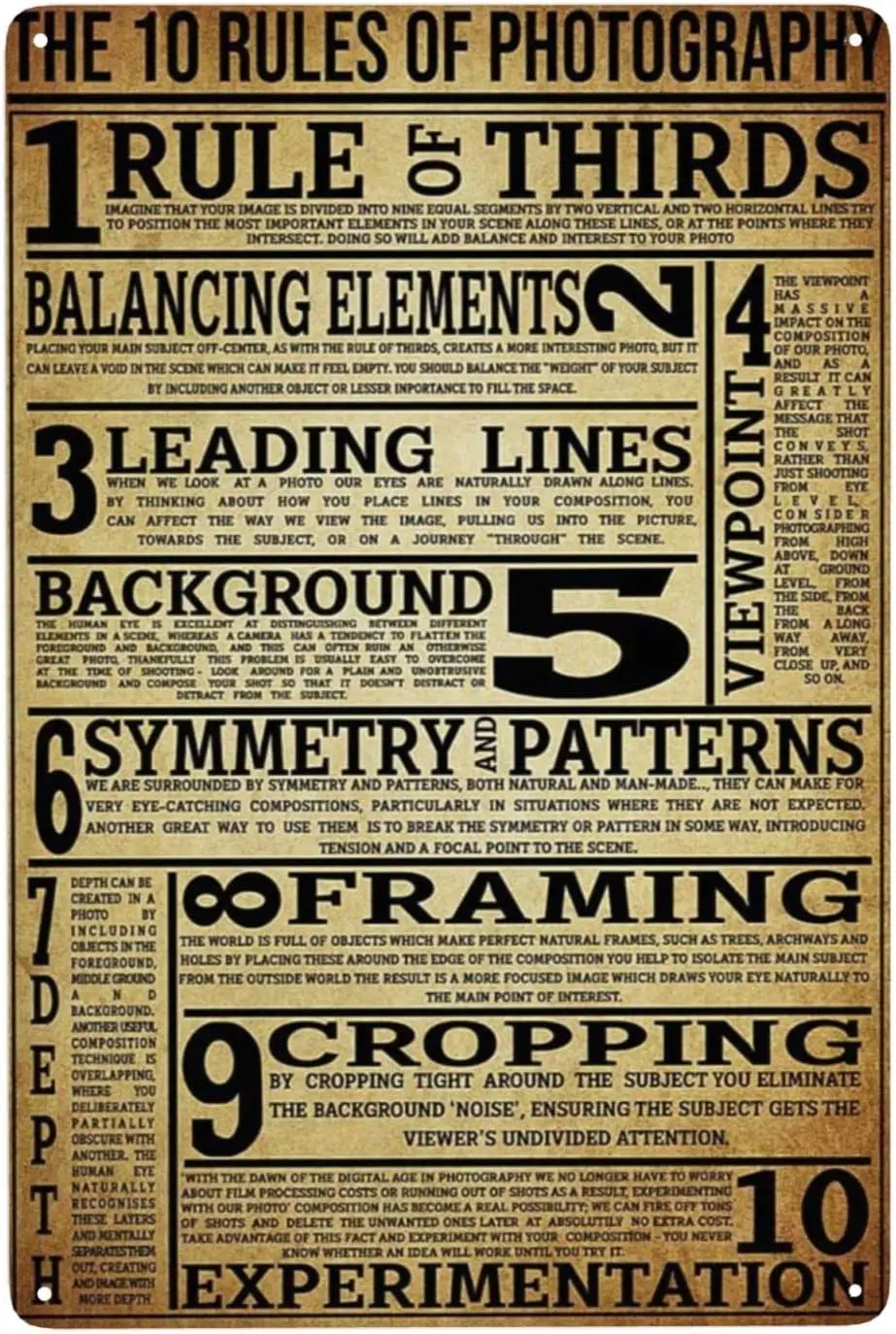 Metal Vintage Tin Sign The 10 Rules of Photography Living Room, Kitchen, Farm Tin Sign Hanging Poster Decor Rustic Home Decor 8x