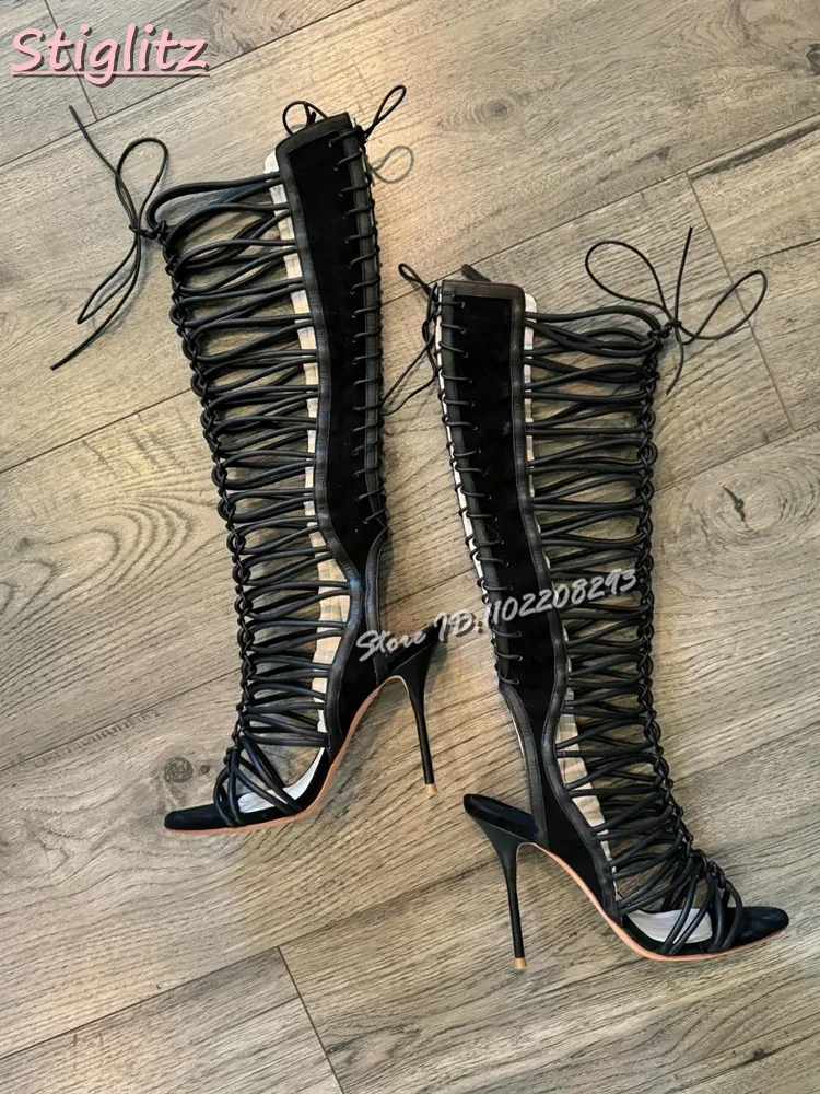 

Сексуальные черные сандалии с перекрестными ремешками, открытый носок, тонкие высокие каблуки с ремешками, боковая молния, 2025 г., женские летние модные туфли на шпильке со шнуровкой