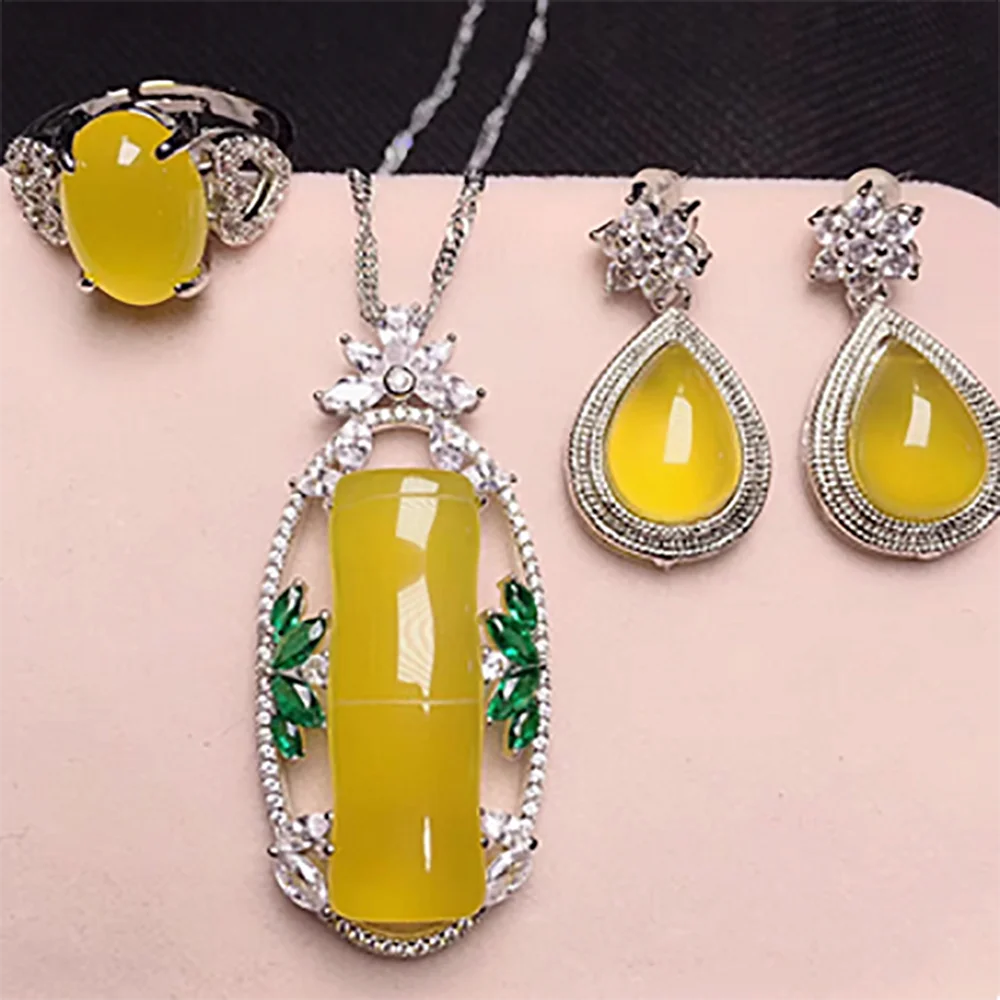 

Agate yellow jade marrow set with 925 silver inlay set, women's three piece set, earrings, bamboo pendant ring