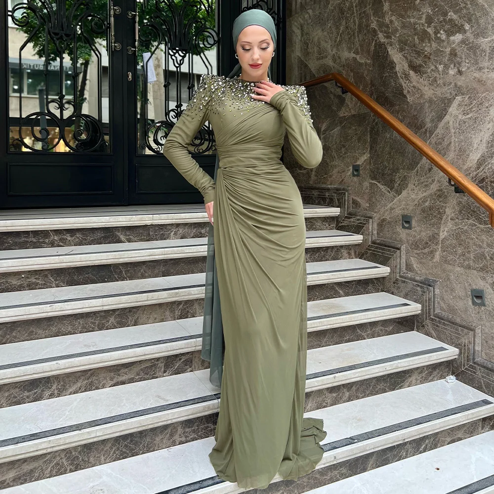 Modest Evening Dresses Long Sleeves O Neck Mermaid Crystal Luxury Evening Gowns for Women 2023 Illusion Trumpet Green Prom Dress