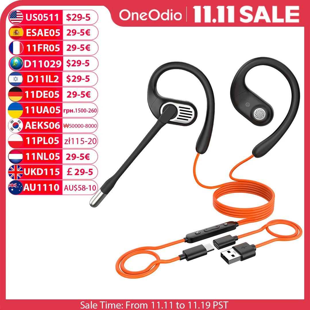 Oneodio OpenRock Lin 10 Wired Earphones Open Ear Headphones With AI ENC Mic USB/Type C Air Conduction Office PC Headset For Zoom