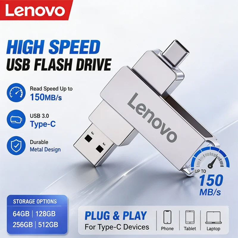 Lenovo High Speed USB 3.0 Flash Drive 512GB Metal Type-C U Disk 256GB 128GB Memory Stick for PC Phone Data Transfer Network Card