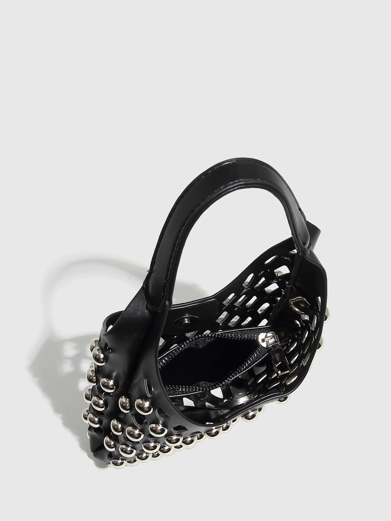 Trendy Medium Leather Hobo Bag with Metallic Studs + Small Geometric Cut-out Coin Pouch - Fashion Shoulder Bag Set