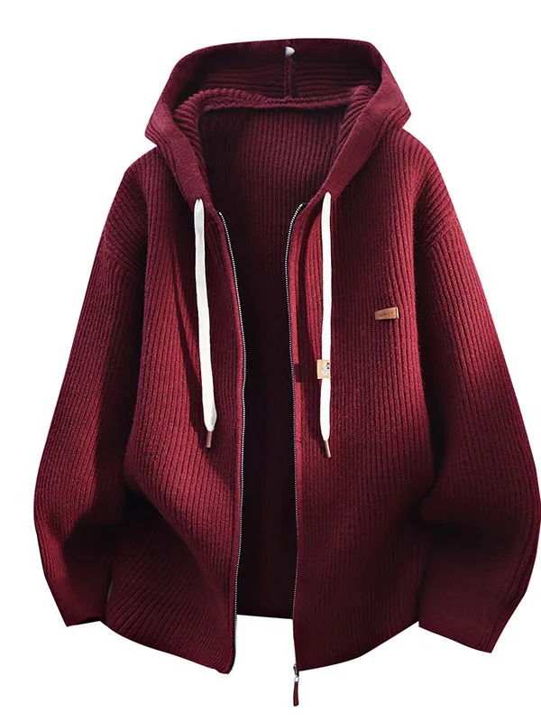 Men's Loose Fit Lazy Style Knitted Cardigan Coat with Hood Autumn Fashionable Casual Polyester Fiber Long Sleeve Zipper Closure