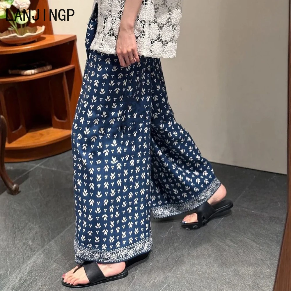 Large size Korean unique and beautiful retro printing wide-leg pants skirt, new splicing, thin and relaxed