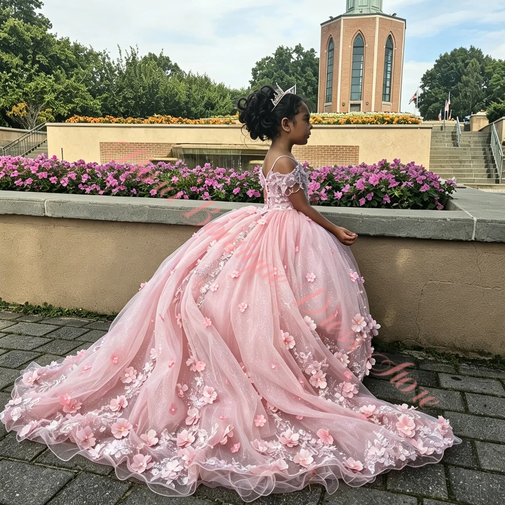Customized Purple Luxury Flower Girl Dress Puffy Tulle Lace Appliques Long Train Children's Wedding Birthday Party Evening Dress