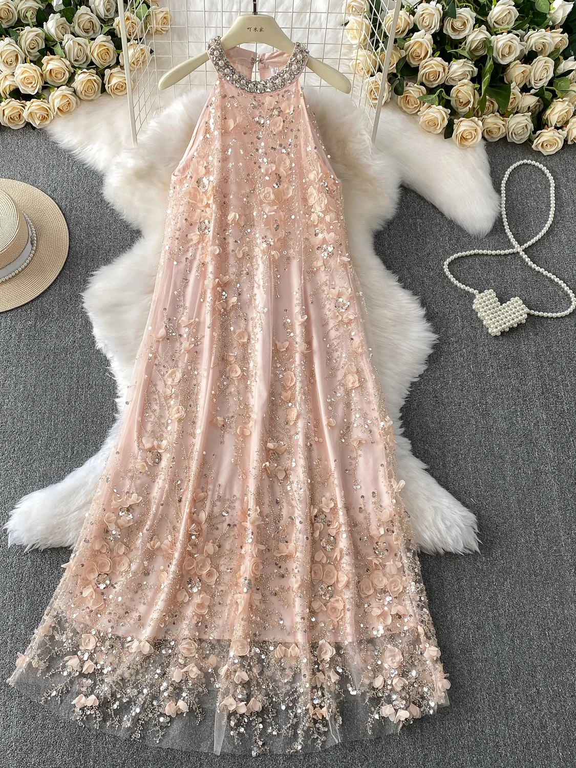 

High-Quali Luxury Heavy-Embroidered Diamond-Embedded Hanging-Ne Dr Slimming Sparkling 3D Flower Princ Long Dr