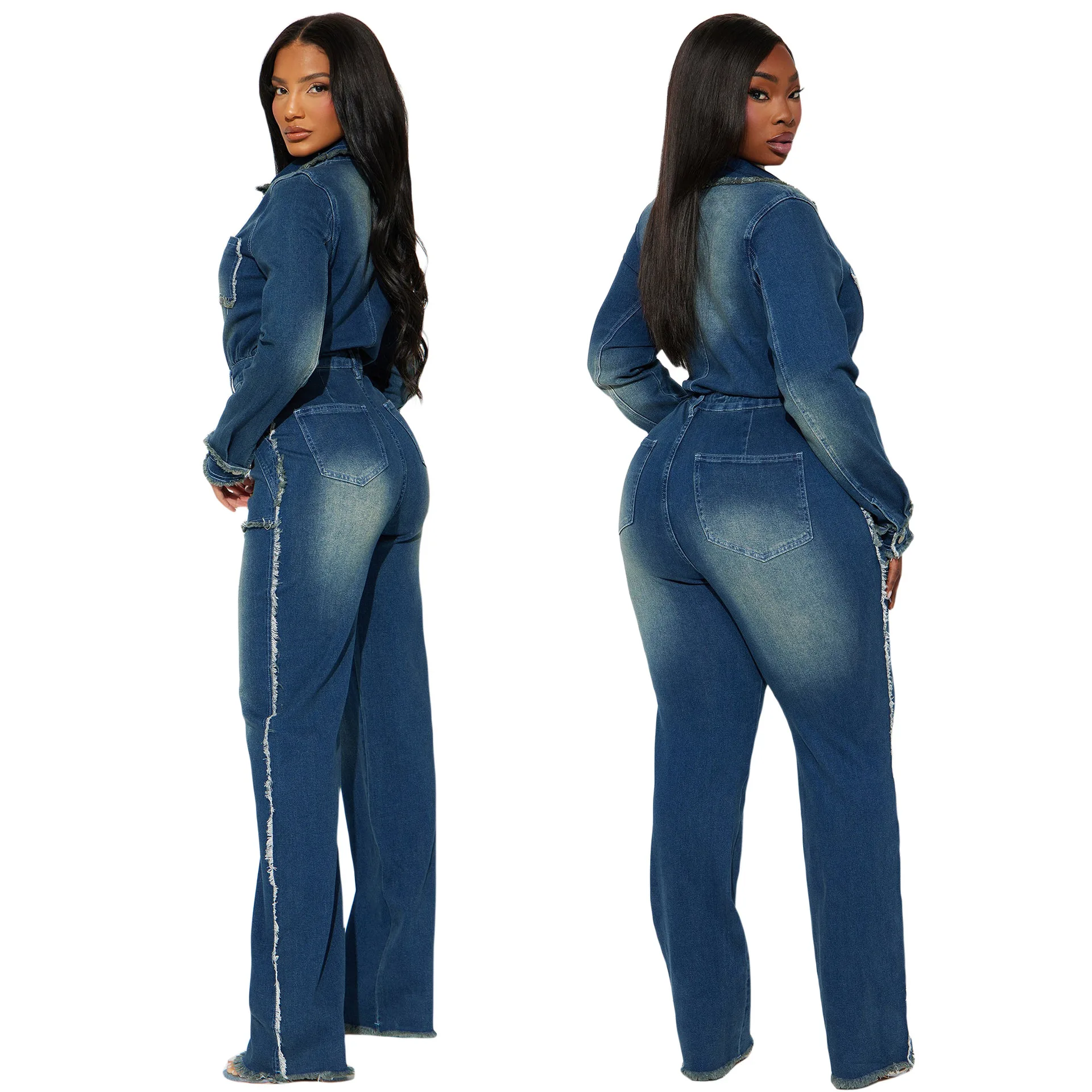 Denim Jumpsuits Women One Piece Jeans Washed Vintage Pants Pockets Single Breasted Female Floor Length Streetwear Trousers