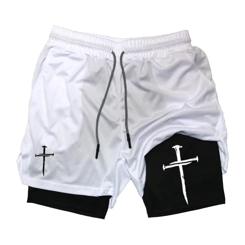 Men'S Cross Print 2 In 1 Fitness Running Shorts Christian Fitness Shorts With Cell Phone Pocket Towel Loop Sportswear