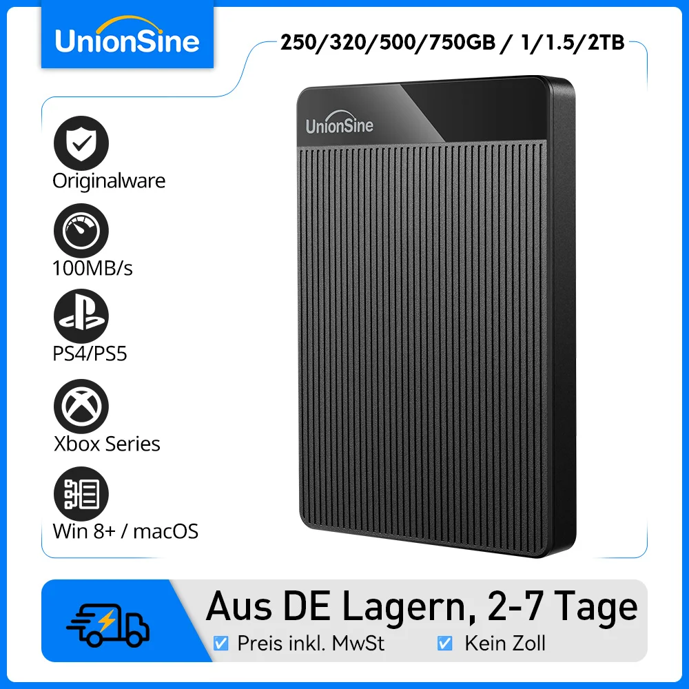 Disque Dur Externe UnionSine 1TB/500GB, 2.5" Portable HDD - USB 3.0 Compatible PC, Ordinateur Portable, Xbox, PS4, PS5 - Multi-Couleurs - Expédié d'Allemagne