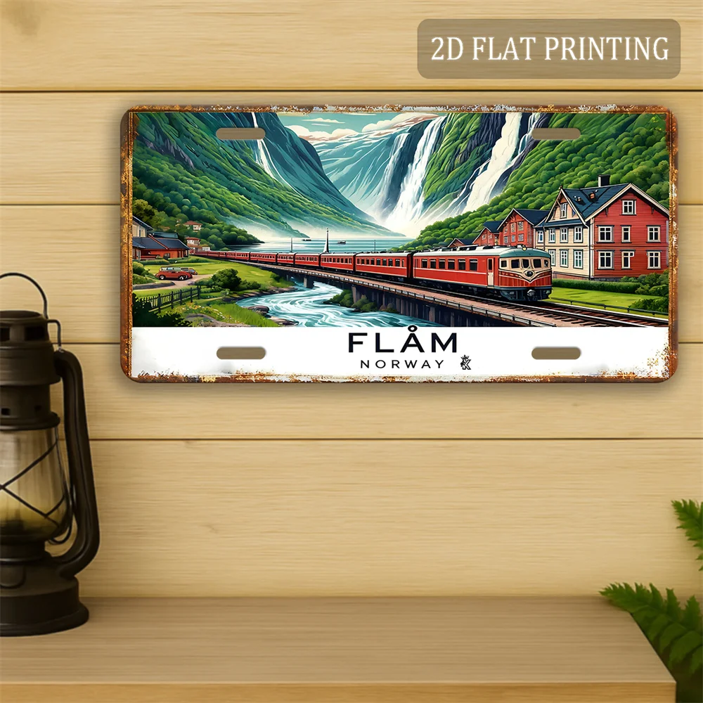 2D Flat - 1pc Vintage Metal Plate - Flam Norway Aluminum Sign | 2D Flat, 30.48cm x 15.24cm, Fjord Landscape Wall Art, Outdoor De