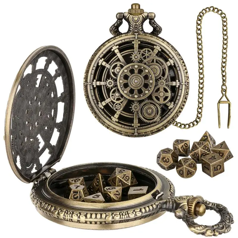 Bronze Hollow Gear Pocket Watch Case with FOB Chain 7pcs Tiny Metal Polyhedral Dice Set Role Playing Board Games Accessories