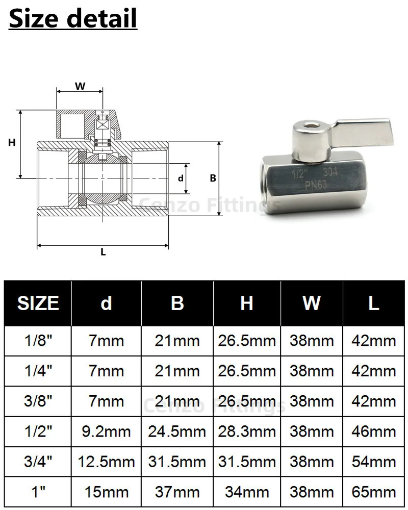 Magnetventil 304 Stainless Steel Mini Ball Valve Sanitary 1/8 1/4 3/8 1/2 3/4 BSP NPT Female Male Thread Water Oil 2 Way Ball Valve H Wasser und Dampf — Detail 1