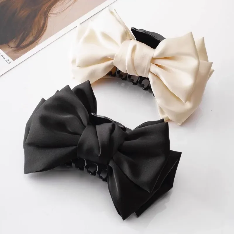 Elegant Women Bow Hair Claw Clips Double-sided Large Satin Shark Hair Claw Solid Bowknot Hairpins Barrettes Hair Accessories