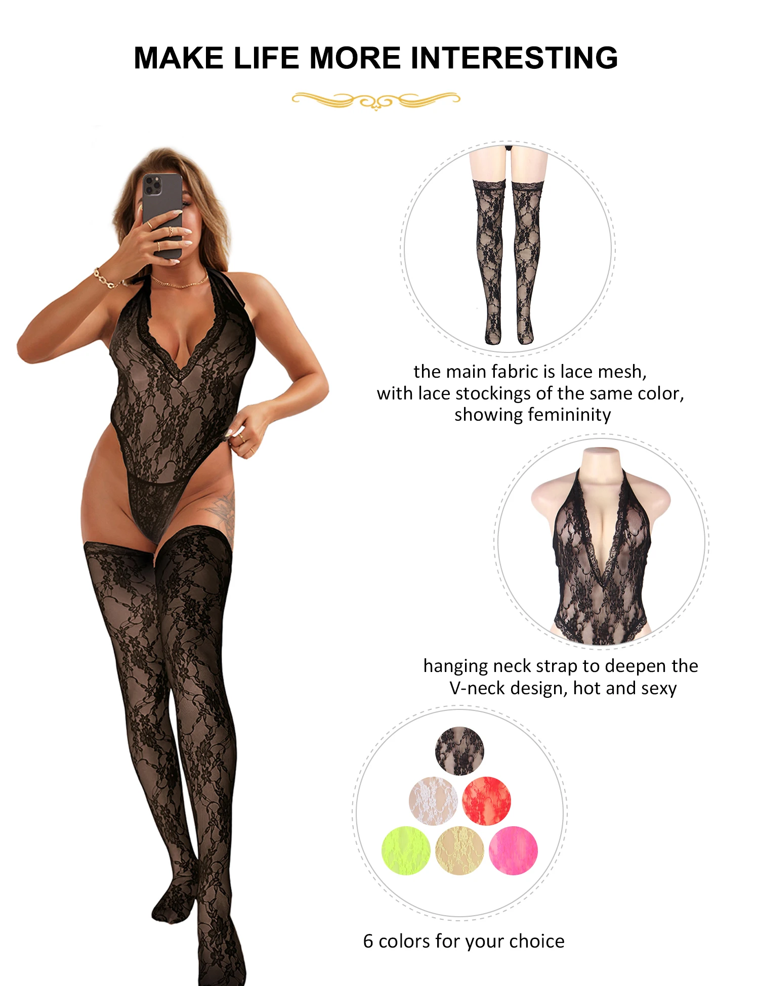 Sexy Lace Teddy Halter V Neckline with the Stockings Erotic Lingеrie Set Women Clothing Underwears Overalls One Pieces Bodysuits