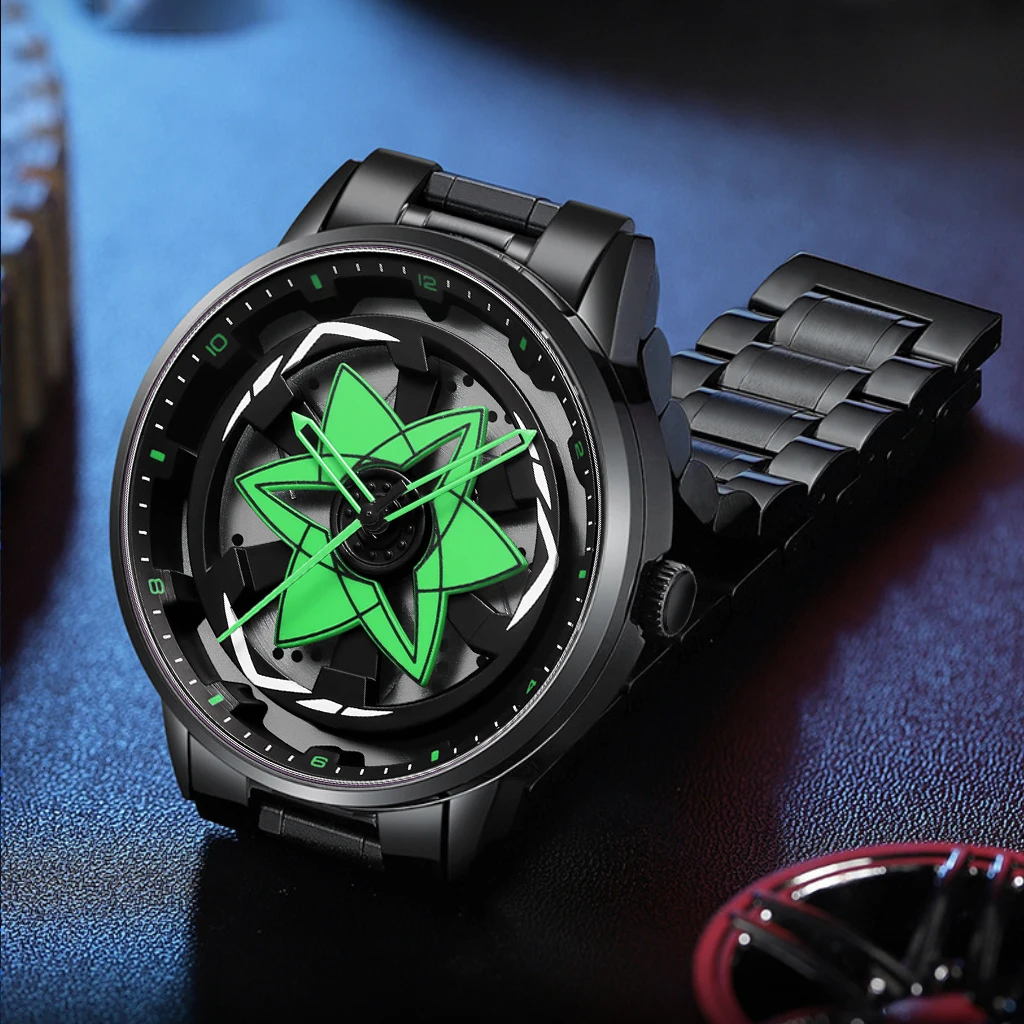 Sports Men Watch Black Stainless Steel Red Compass Rotating Clock Quartz Movement Original 3Bar Waterproof Casual Sports Watches