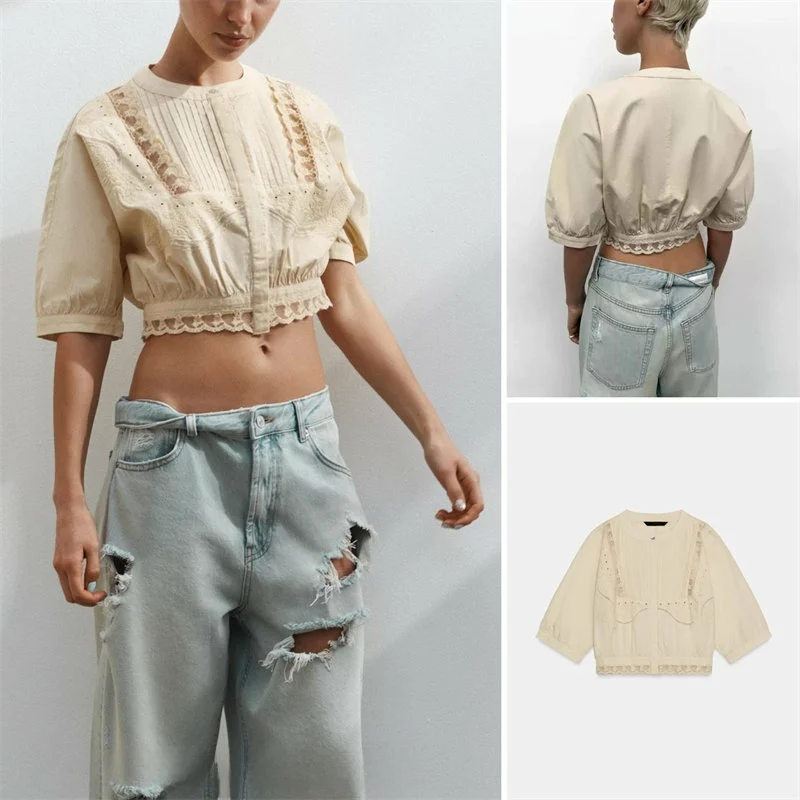 

Новинка Весна-Лето: Женская повседневная модная блузка с круглым вырезом, рукавами-фонариками и вышивкой, удобная посадка, хлопковая смесь