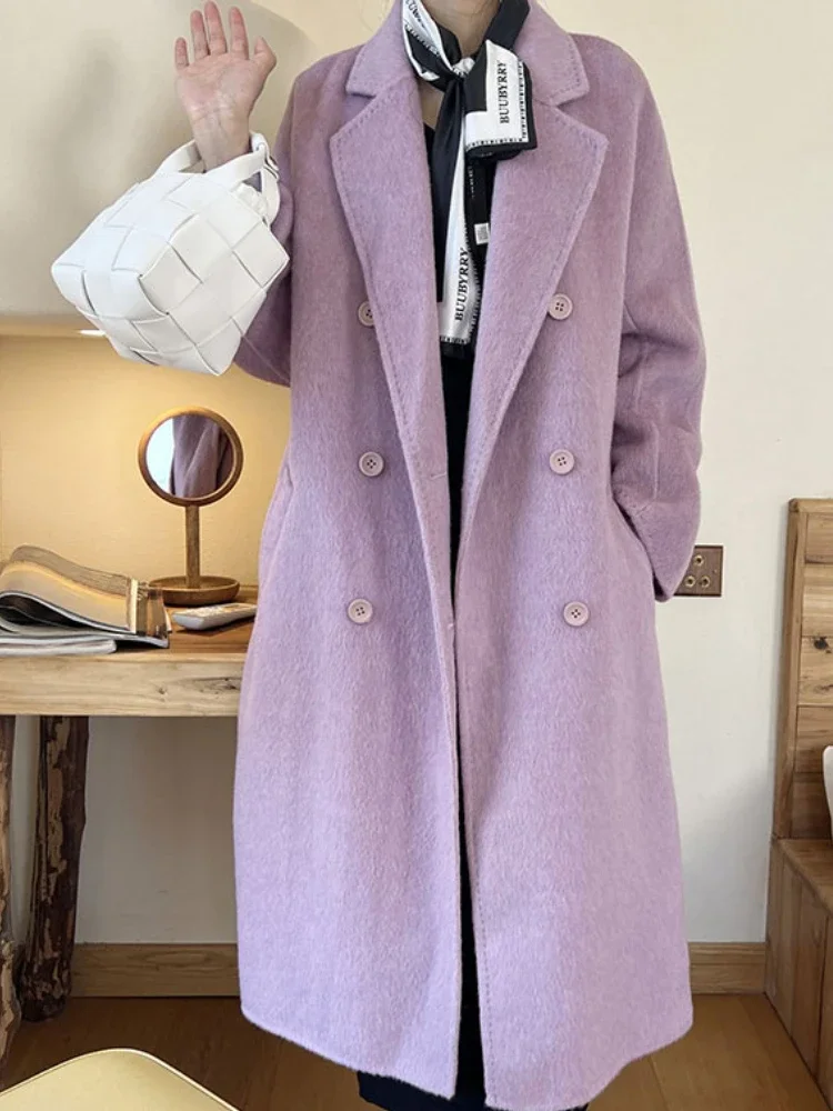 

RosEvans Purple Double-sided Cashmere Coat Women New Autumn Winter Thick Casual Wool Coat Long Lapel Double-breasted Coat Women