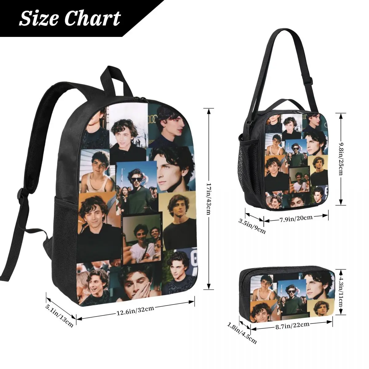 3Pcs Timothee Chalamet Backpack Set for Children Pen Bags Bookbag Sets with Lunch Box For School Students Knapsack