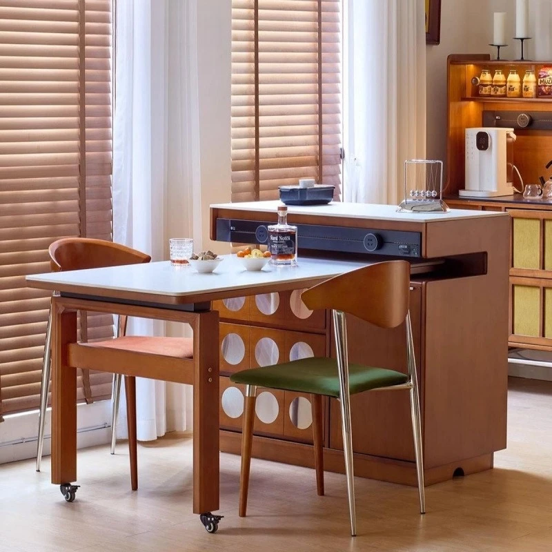 

Solid wood rock slab small apartment cream island dining table integrated household rotary telescopic multi-functional simple lo