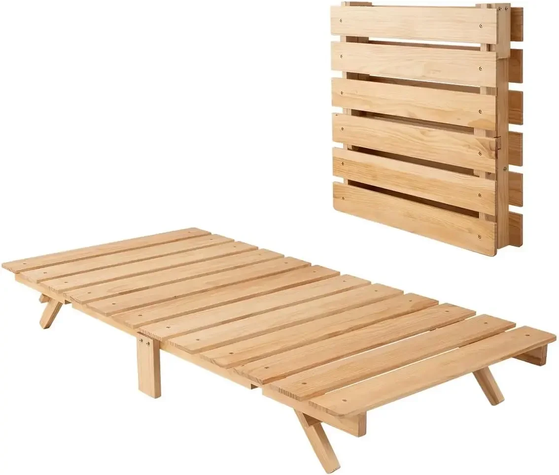 BestsellerFoldable Wood Slatted Floor Bed Frame OSMOS Twin Solid Pine (Earth-Natural), Easy Assembly Space Saving Storable Floor