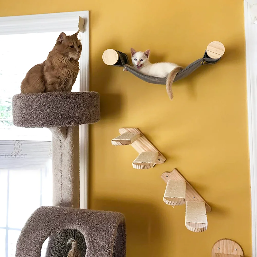 Cat Tree Wall Mounted Cat Climbing Wood Shelves Cat Jumping Platform or Hammock with Stairway for Kitten Playground Furniture