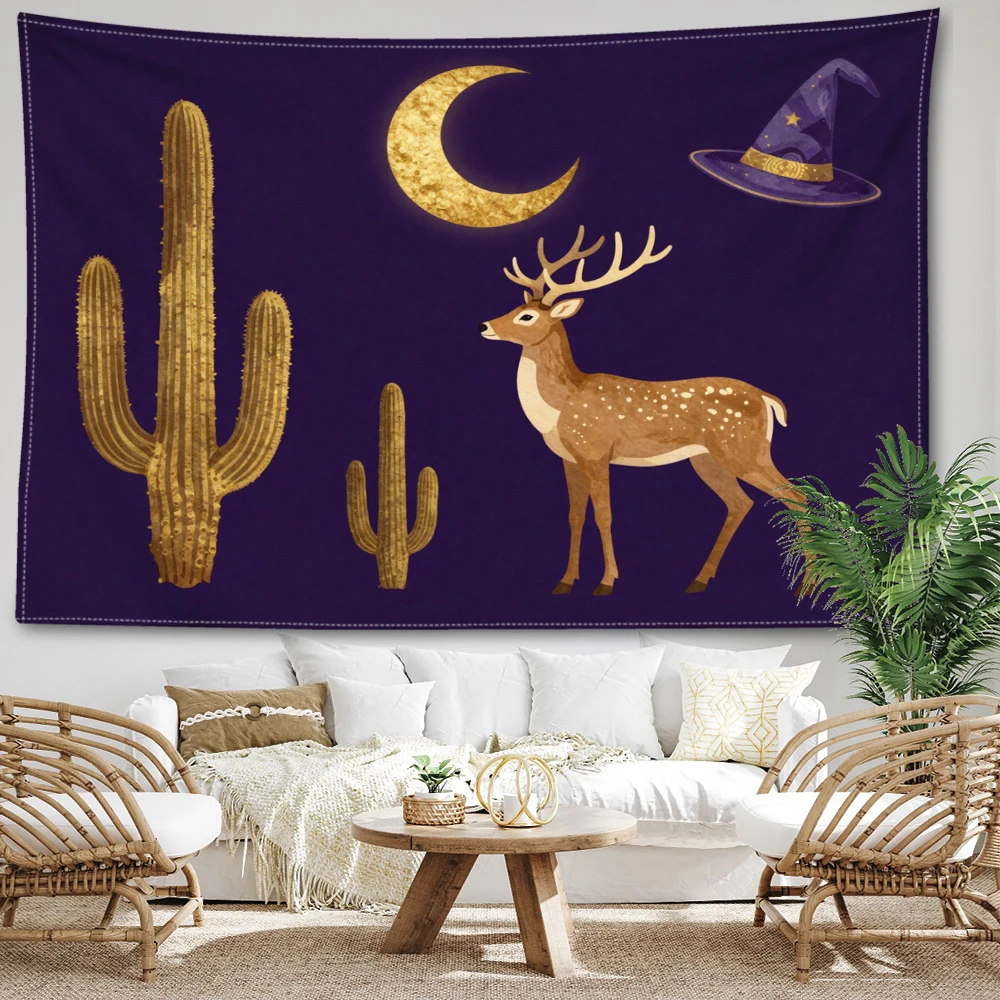 Deep Purple Halloween Gold Deer Cactus Moon Wall Tapestry, Spooky Boho Decor