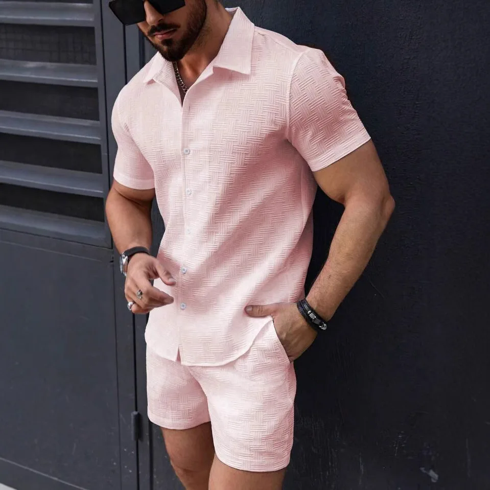 Men's Fashionable Short Sleeve Shirt And Shorts Set Casual Sports Beachwear Standard Fit Polyester Fiber Bright Thread