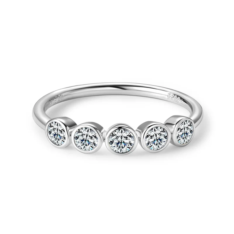 Fashion 925 Sterling Silver Five Stones Ring Band Real 3mm Bezel Setting Moissanite Ring for Women Engagement Party Jewelry Gift