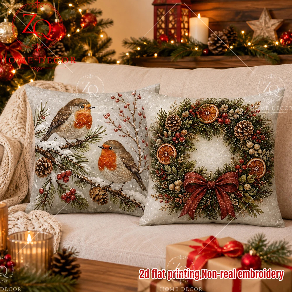 Christmas Robin Wreath Throw Pillow Covers Soft   Winter Holiday Cushion Cases For Sofa Bedroom