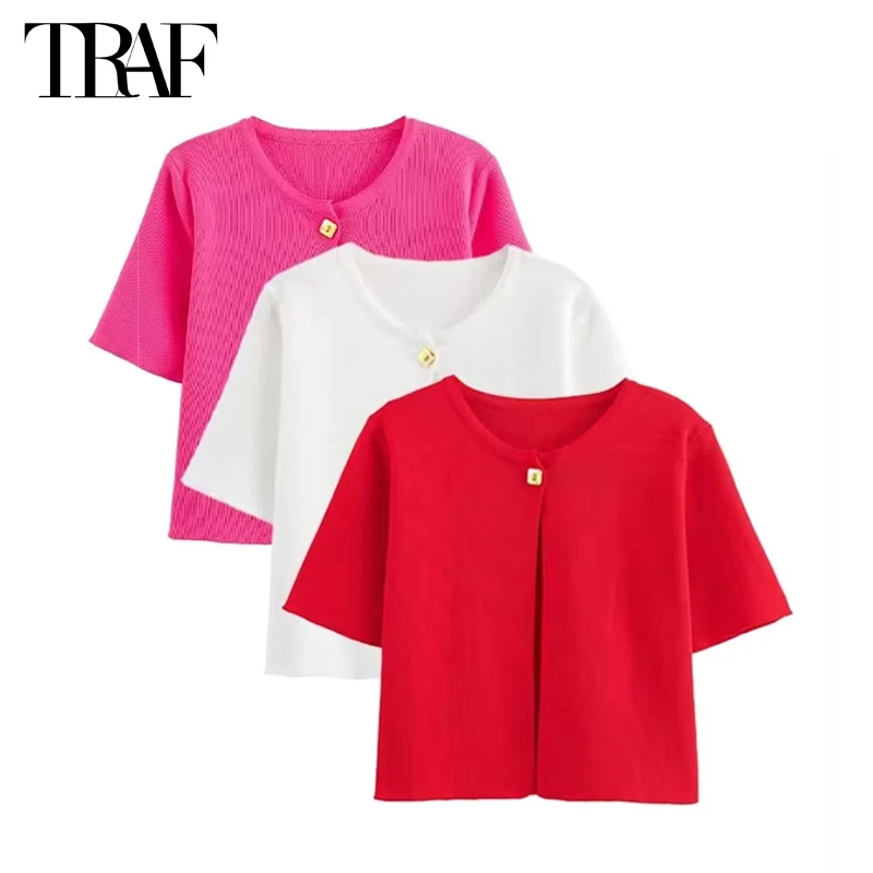 TRAF 2024 Cropped Cardigan for Women Summer Knitwear Crop Tops Woman Short Sleeve Sweaters for Women Knitted Cardigans Women