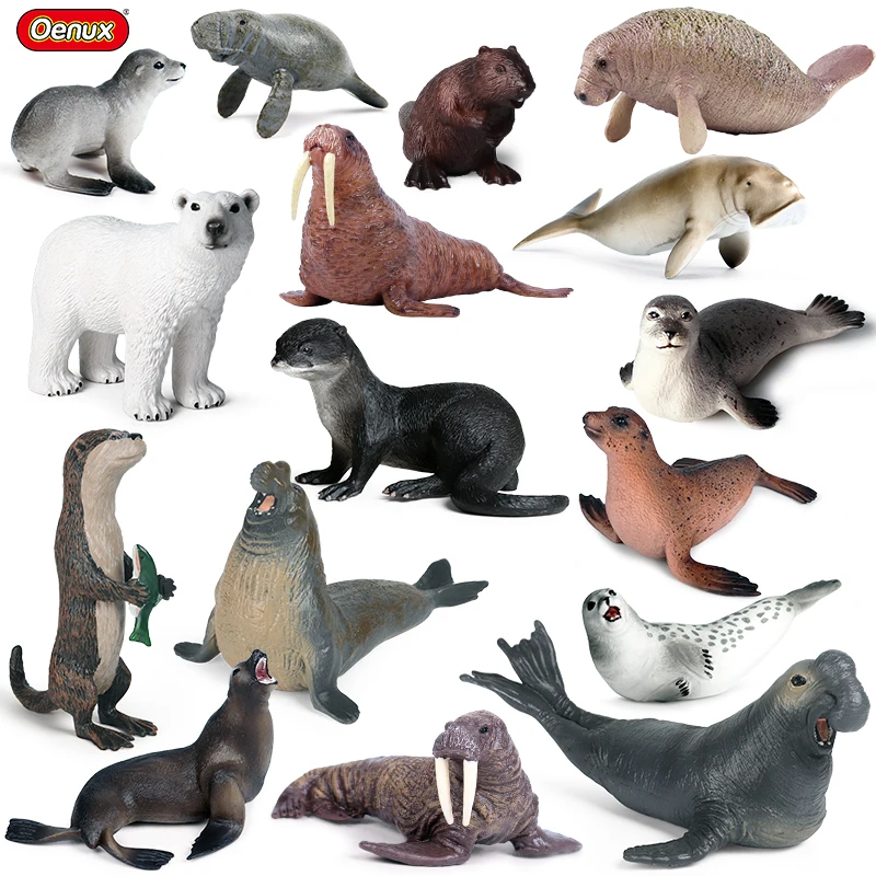 Oenux Polar Oceaan Dieren Action Figure Penguin Walrus Manatee Sea Lion Seal Otter Bever Marine Model Pvc Onderwijs Kinderen Speelgoed