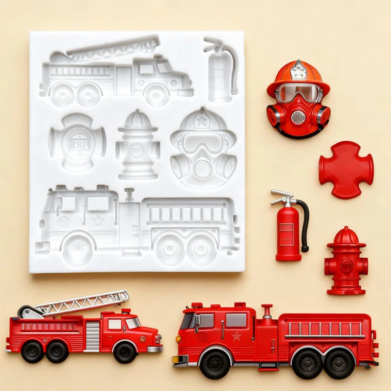 Cartoon firefighter, fire engine, silicone mold, children's doll, fire extinguisher, water pipe shape, DIY chocolate candy mold